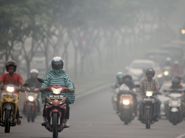 Penggendara melintasi jalan yang dipenuhi kabut asap sisa kebakaran hutan dan lahan di Jalan Soekarno Hatta, Pekanbaru, Riau, Selasa (18/2). Tebalnya kabut asap membuat pengguna jalan raya harus lebih ekstra berhati-hati karena terbatasnya jarak pandang. ANTARA FOTO/Rony Muharrman/ed/pd/14